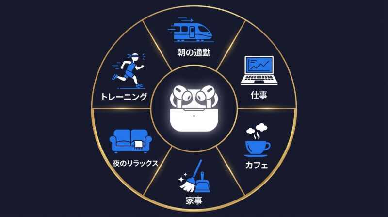 AirPods Pro 3の1日の活用シーン 通勤カフェ家事仕事の図解