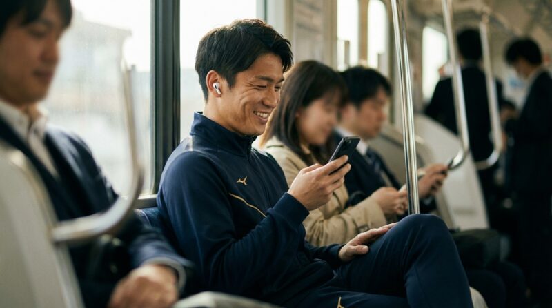通勤電車でAirPods Pro 3を使うアスリート