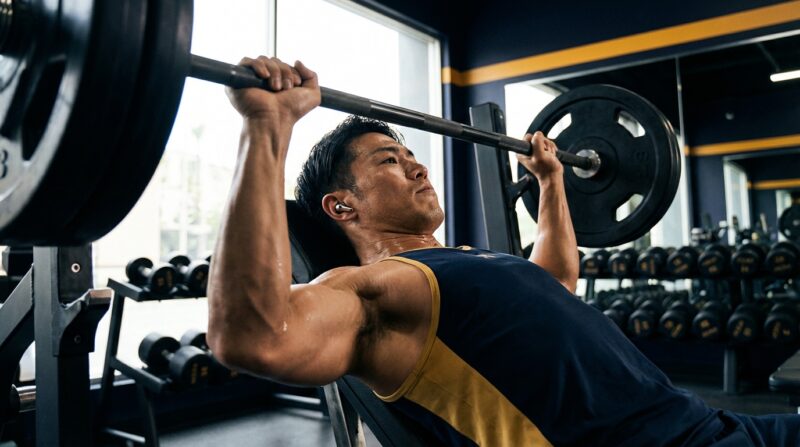 ジムでAirPods Pro 3を装着してベンチプレスをするアスリート