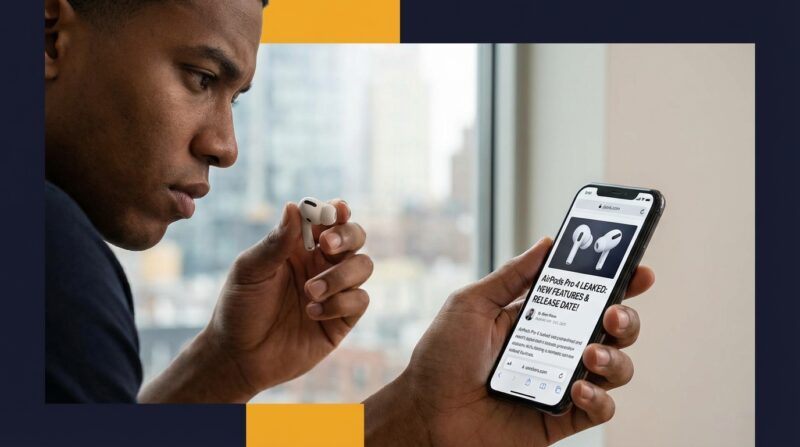 AirPods Pro 3を手にリーク記事を見て迷う場面