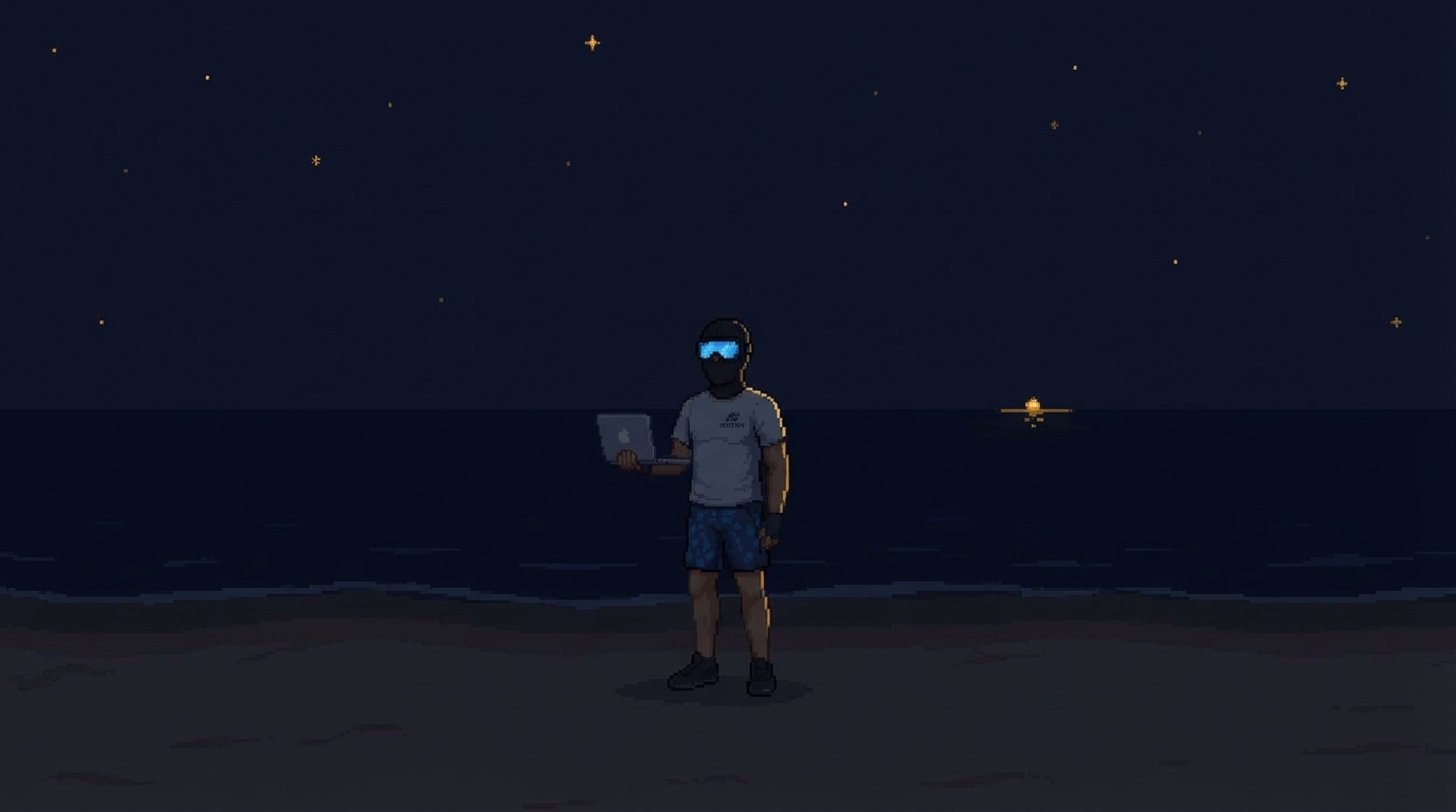 深夜の浜辺に一人立つ覆面アスリート — 結果が出ない孤独と希望