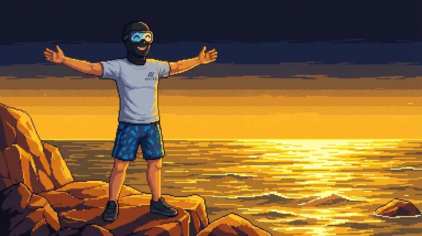 夜明けの海岸で両腕を広げる覆面アスリート — あなたの頑張りはすでに価値を生んでいる