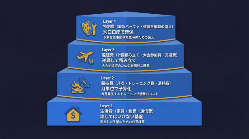 アスリートのお金管理4層フレームワーク図解：Layer1生活費、Layer2競技費、Layer3遠征費、Layer4特別費の構造