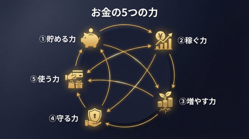 貯める力・稼ぐ力・増やす力・守る力・使う力の5つの力を示す円形フレームワーク