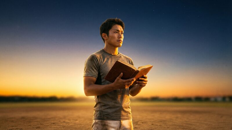 夕日の中で本を持ち前向きに立つアスリート