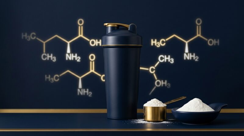 BCAAとEAAのパウダーとシェイカー、背景にアミノ酸の分子構造