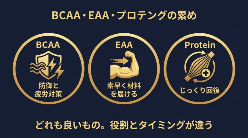 BCAAは防御と疲労対策 EAAは素早く材料を届ける プロテインはじっくり回復 どれも良いもので役割とタイミングが違う