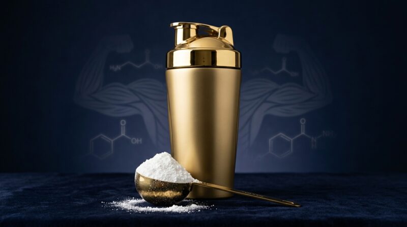 β-アラニンパウダーとシェイカー、背景に分子構造と筋肉のシルエット