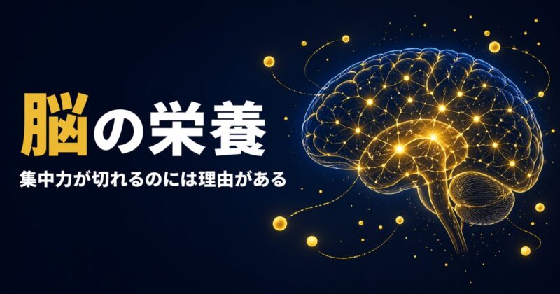 ダークネイビー背景にゴールドに光るニューロンと栄養素の粒子、アスリートに必要な脳の栄養の記事ヒーローイメージ
