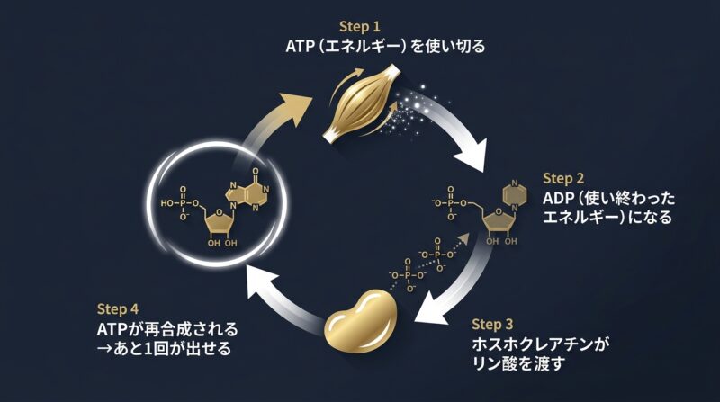 ATP再合成の仕組み ATPを使い切る ADPになる ホスホクレアチンがリン酸を渡す ATPが再合成されあと1回が出せる