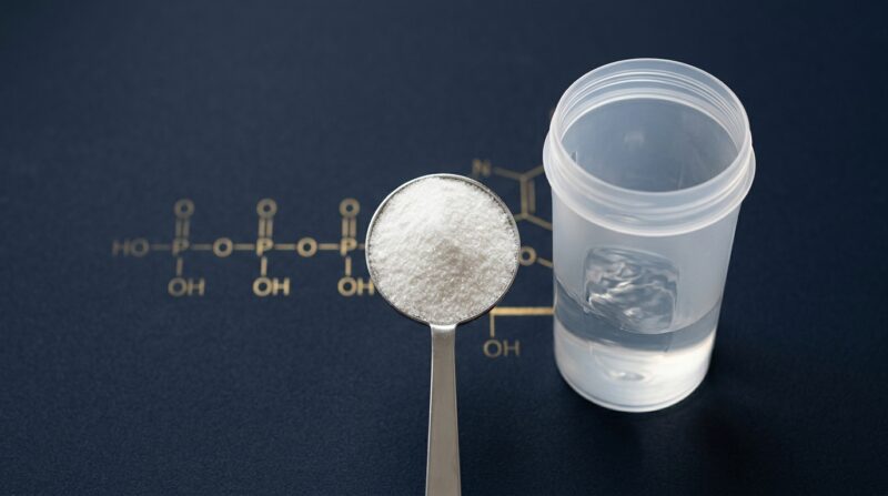 クレアチンパウダーとスプーン、背景にATP分子構造