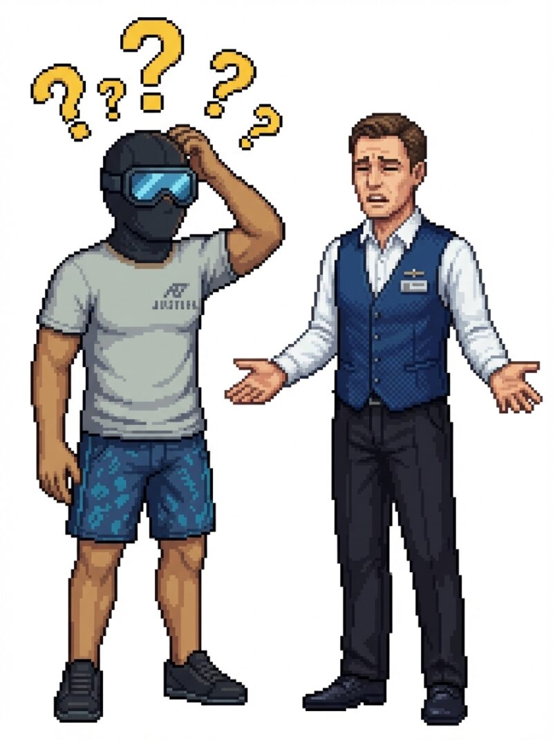 空港で言葉が通じず困惑する覆面と呆れる空港スタッフのイラスト