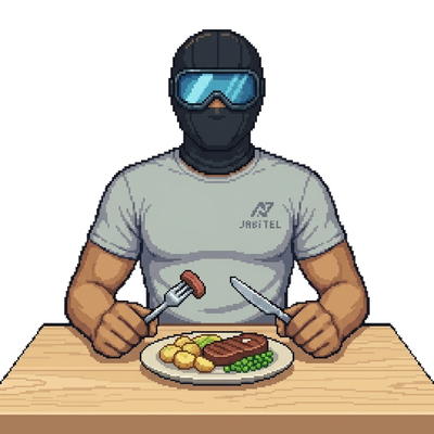 覆面アスリートがナイフとフォークで食事をしているイラスト