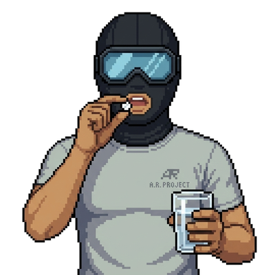 右手に白色のビタミン剤タブレット、左手にコップの水を持つ覆面アスリート