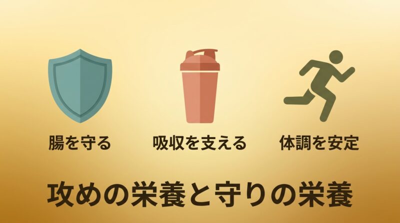 腸を守る、吸収を支える、体調を安定の3つのアイコンと攻めの栄養と守りの栄養のメッセージ