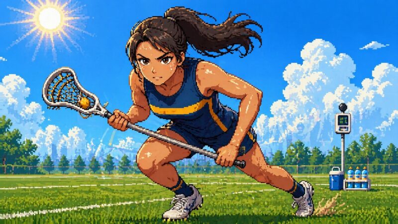 真夏の青空と陽炎のフィールドで、汗をかきながらラクロススティックを構える女性アスリート（ゆっきー）。WBGT計と給水ボトルが背景。連戦シーズンの日常練習を象徴