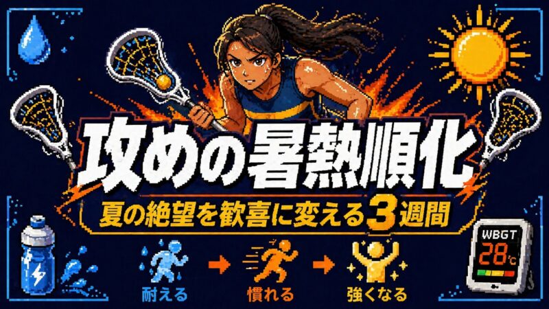 攻めの暑熱順化・夏の絶望を歓喜に変える3週間。ラクロススティックと太陽・WBGT計のアイコン入りピクセルアート風アイキャッチ
