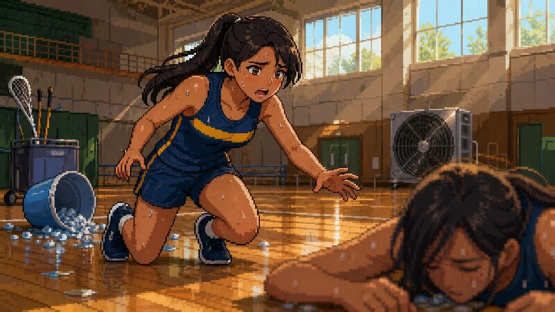 夏の体育館で汗だくになって倒れた仲間に駆け寄る女性アスリート（ゆっきー）。床に転がるバケツと氷、CWI準備中。「室内なのに」という違和感を表現したピクセルアート風イラスト