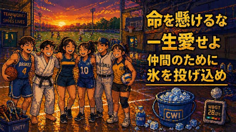 夕焼けの体育館・フィールドでチームメイトと肩を組み笑顔で立つアスリート達。「命を懸けるな・一生愛せよ・仲間のために氷を投げ込め」のテキスト・CWIバケツ・WBGT計