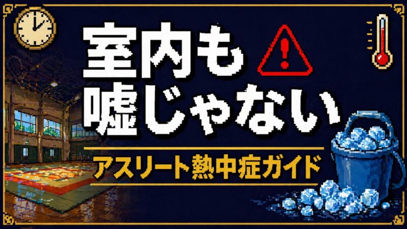 「室内も嘘じゃない・アスリート熱中症ガイド」テキスト入り。体育館・氷バケツ・時計・温度計のアイコン。警告表現のアイキャッチ