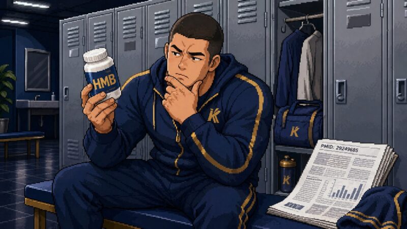 ジムロッカールームでHMBサプリボトルを疑念顔で見つめる岸くん（35歳・宅配ドライバー兼ウェイトリフター）。傍らにPMID 29249685の論文プリントが置かれているピクセルアート風イラスト