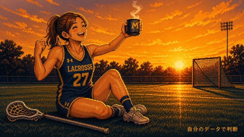 ジムで岸くん（オリーブグリーンTシャツ）が体組成計の「+0.8kg」を確認しながらHMBとクレアチンのボトルを両手に掲げてガッツポーズ。「自分のデータで判断」のピクセルアート風イラスト