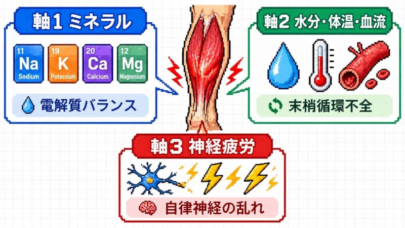 3軸の原因（軸1ミネラルNa/K/Ca/Mg、軸2水分体温血流、軸3神経疲労）を表現した図解。ふくらはぎ筋肉を中心に放射状の説明