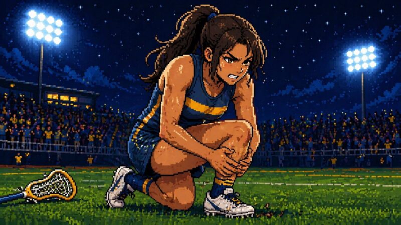 ラクロス試合終盤のフィールドで、ふくらはぎを抑えてしゃがみ込む女性アスリート（ゆっきー）。背景はナイター照明の試合会場、ピクセルアート風のイラスト