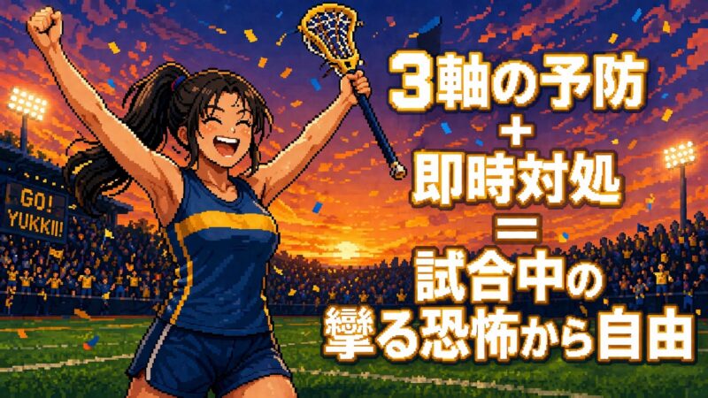 フィールドで両手を上げて喜ぶ女性アスリート（ゆっきー）。テキスト「3軸の予防＋即時対処＝試合中の攣る恐怖から自由」のまとめ画像