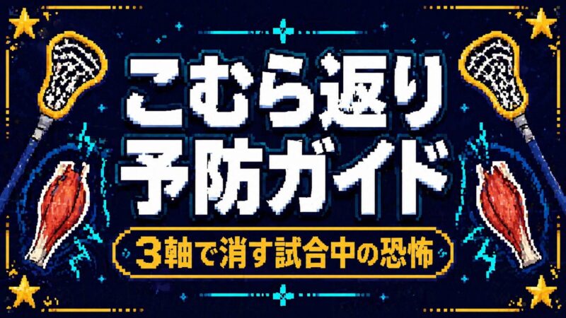 こむら返り 予防ガイド・3軸で消す試合中の恐怖というテキストとラクロススティック・筋肉アイコンのアイキャッチ