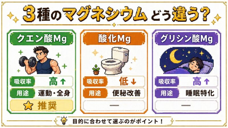 3種のマグネシウム比較図解。クエン酸Mg（運動・全身・推奨）／酸化Mg（便秘改善・吸収率低）／グリシン酸Mg（睡眠特化・吸収率高）をピクセルアート風で視覚化