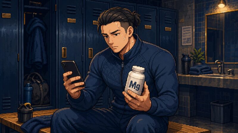 ジムロッカールームで、白いMgサプリのボトルを手に持ち、もう片手で携帯電話の検索画面を見ている男性アスリート（周平）のピクセルアート風イラスト