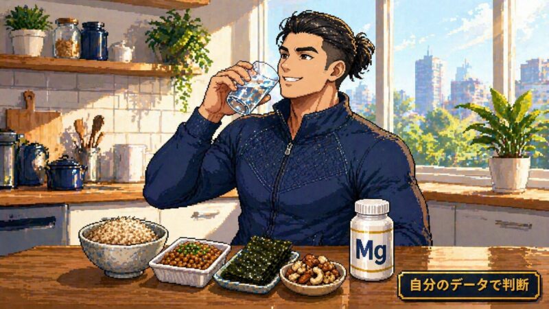 朝のキッチンで水を飲みながら清々しい笑顔を浮かべる男性アスリート（周平）。卓上に玄米・納豆・海苔・ナッツとMgサプリボトル。「自分のデータで判断」のピクセルアート風イラスト