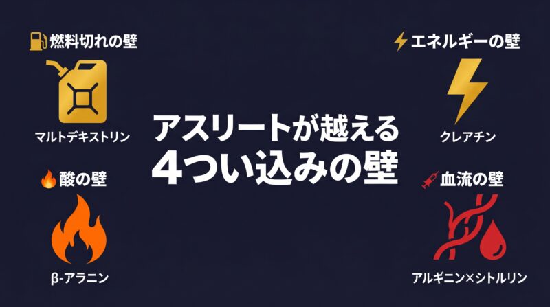 アスリートが越える4つの追い込みの壁マップ — 燃料切れの壁(マルトデキストリン)・エネルギーの壁(クレアチン)・酸の壁(β-アラニン)・血流の壁(アルギニン×シトルリン)