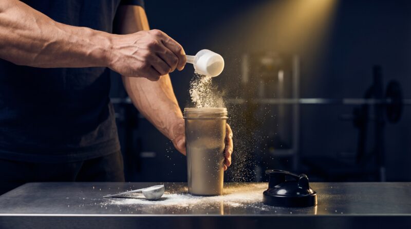 シェイカーボトルにマルトデキストリン（粉飴）を入れるアスリートの手元