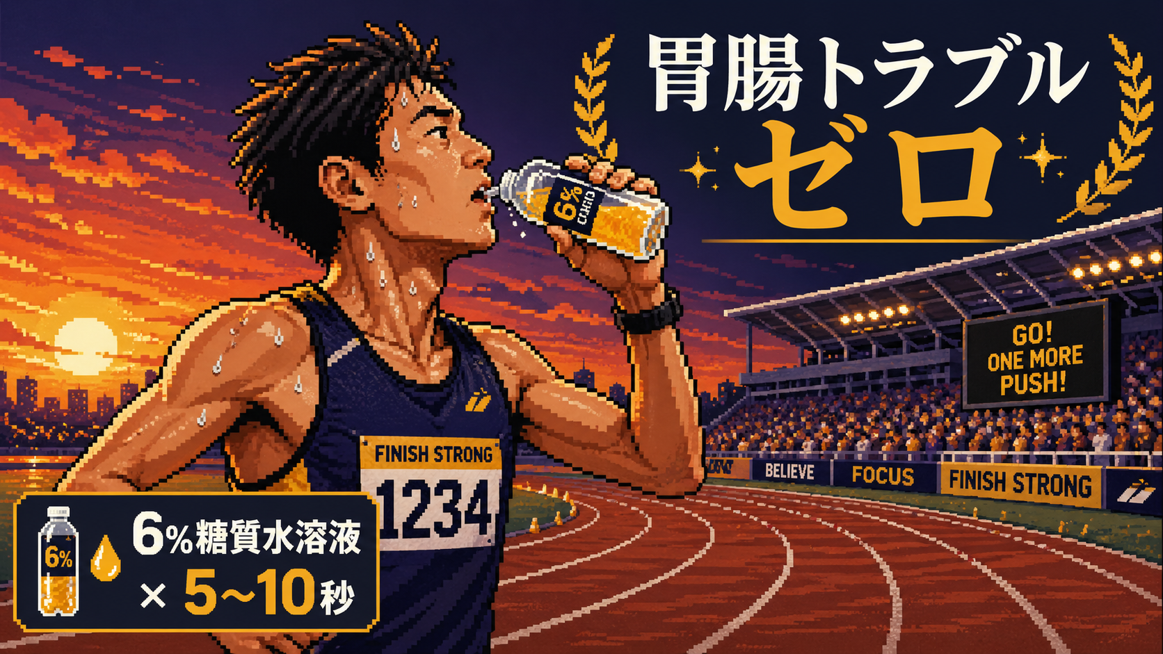 夕焼けスタジアムでマラソンランナーが6%糖質水溶液を口に含み「胃腸トラブルゼロ」のラスト一発で粘りを発揮するピクセルアート風イラスト