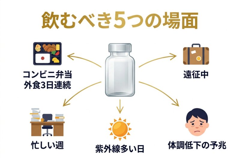 外食・遠征・忙しい週・紫外線・体調低下 - マルチビタミンを飲むべき5つの場面の図解
