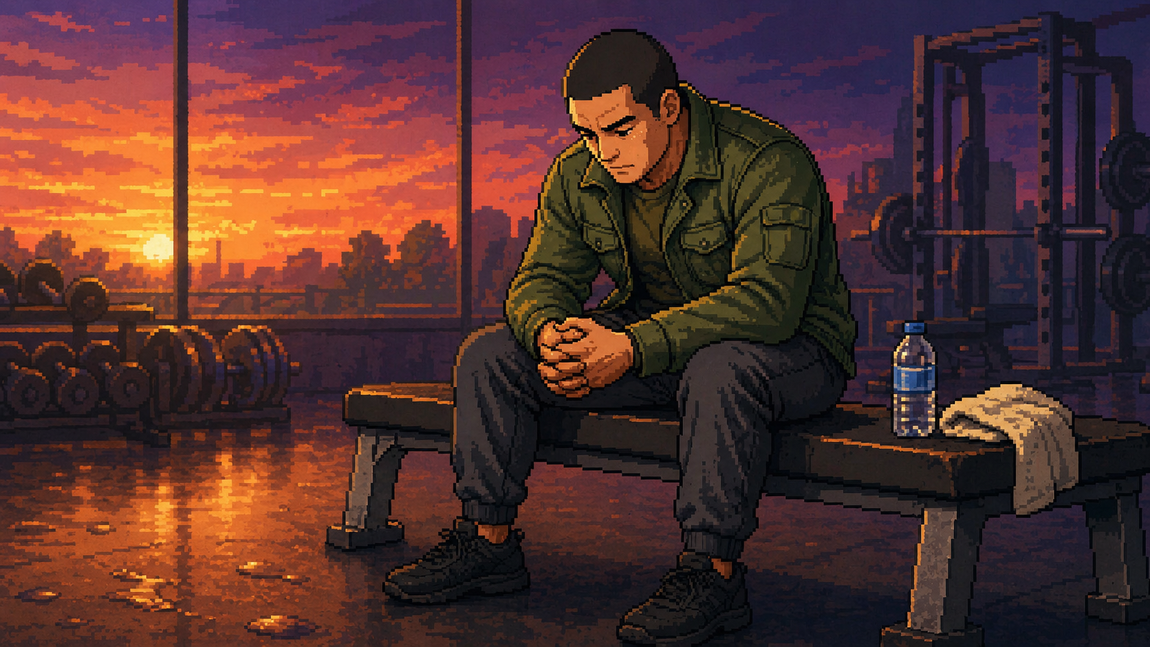 夕暮れのジムでベンチに座り両手を握りしめて内省するアスリート岸くん。OTSの兆候に気づいた瞬間