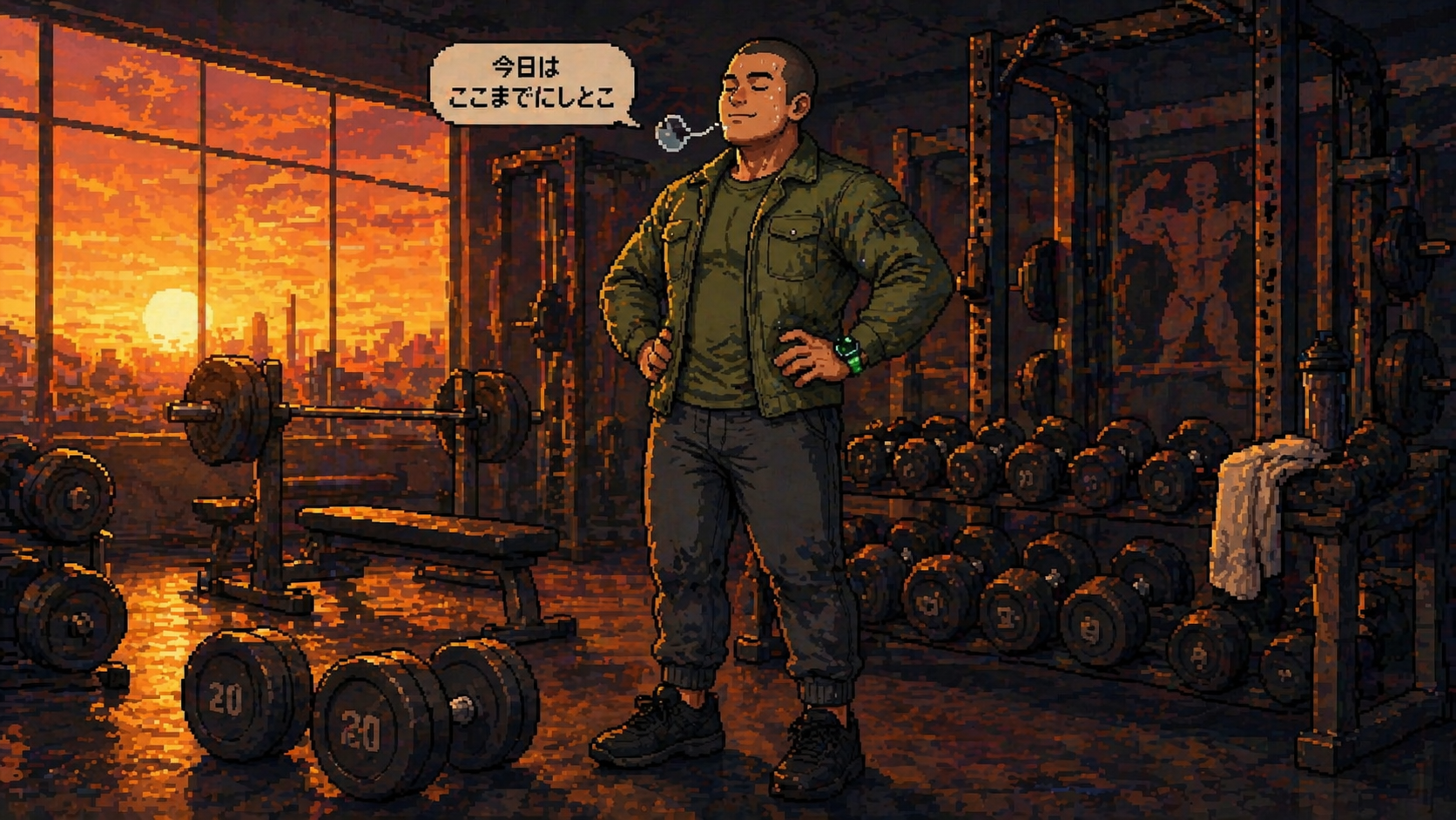 夕方のジムで重いダンベルをラックに置いて深呼吸する岸くん。「今日はここまでにしとこ」というふきだしと共に、戦略的撤退の決断を体現