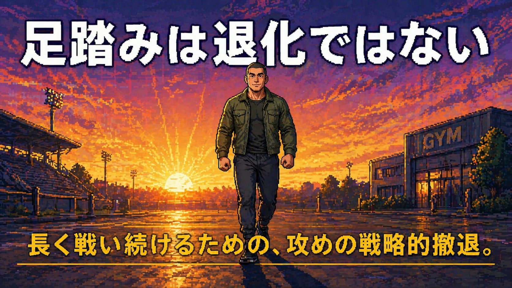 明け方の競技場で朝日を背に正面を向いて歩き出す岸くん。「足踏みは退化ではない」「長く戦い続けるための、攻めの戦略的撤退」のメッセージ