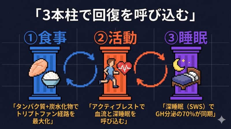 食事・活動・睡眠の3本柱で回復を呼び込む構造図