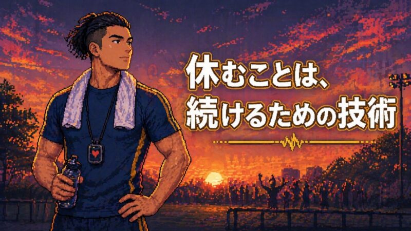 夕焼けの中で前を向いて立つ周平（覆面アスリート）。休むことは、続けるための技術