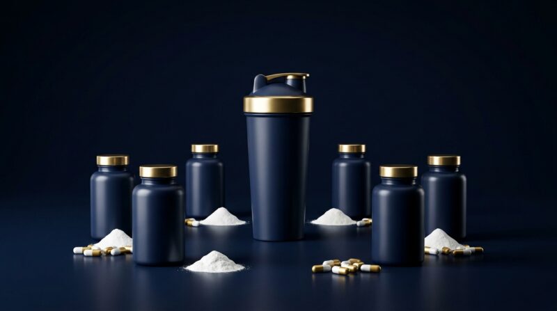 トレーニング系サプリメントのボトルとシェイカーが並ぶダークネイビーとゴールドのイメージ画像