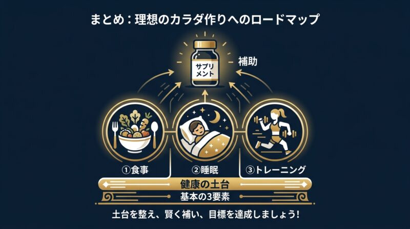 食事・睡眠・トレーニングの3本柱が土台でサプリは補助というまとめ図解