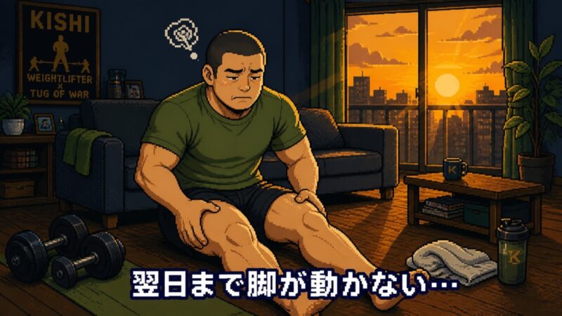 筋トレ翌朝に太ももを抱えて困惑するアスリートのピクセルアート 末梢性疲労Hero