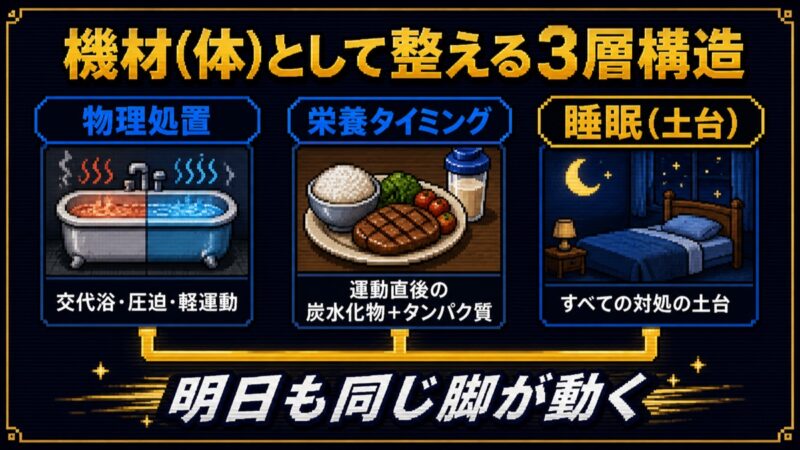 物理処置 栄養タイミング 睡眠の3層構造で末梢性疲労を攻略するまとめ図