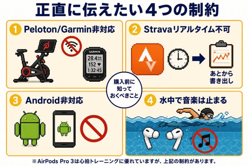 AirPods Pro 3の4つの制約 — Peloton/Garmin非対応、Stravaリアルタイム不可、Android非対応、水中で音楽は止まる