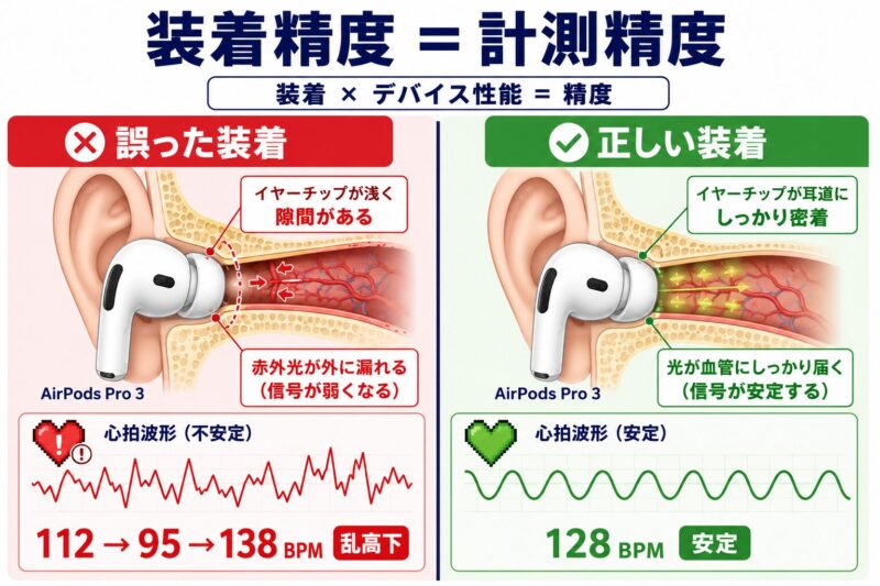 AirPods Pro 3 イヤーチップの正しい装着と誤った装着の比較 — 隙間ありは赤外光が漏れて心拍波形が乱高下、密着で安定した128bpmを計測