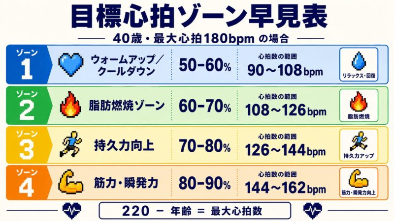 目標心拍数ゾーン早見表 — ウォームアップ50-60%・脂肪燃焼60-70%・持久力向上70-80%・筋力瞬発力80-90%、40歳最大心拍180bpm基準のbpm範囲表記