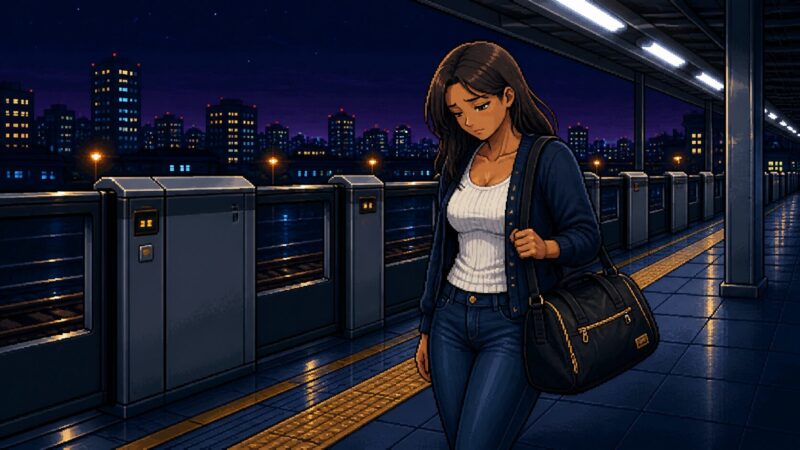 通勤バッグを抱え夜の駅のホームで疲れた表情のゆっきー、社会人アスリートの「練習翌朝も疲労が抜けない」を象徴